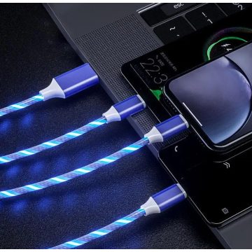   AL 3in1 Micro USB + Type C + Apple LIGHTNING világító LED töltőkábel kábel - kék színben 3in1