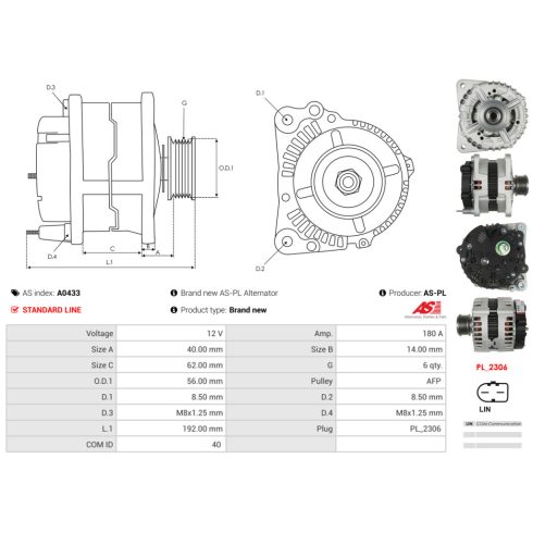 AS-PL Generátor (14V, 180A) SHARAN 1.6D/2.0D 03.05-12.22 A0433
