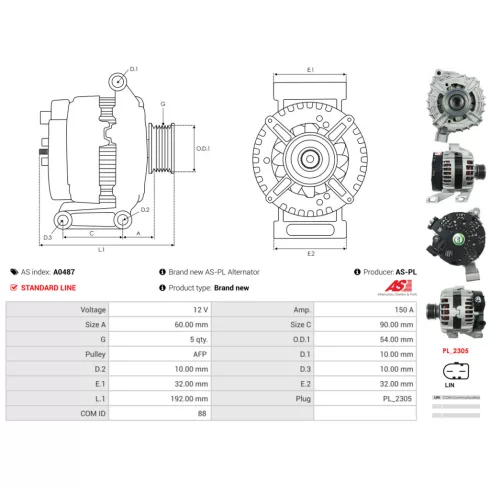 AS-PL Generátor  (14V, 150A,) Volvo XC60 I, XC70 II 2.0D/2.4D/2.5 10.07-12.18 A0487