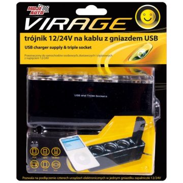   Moje Auto Szivargyújtó elosztó 4-es 12/24V, kábellel USB csatlakozóval 93019