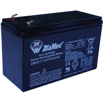   DIAMEC AGM (VRLA/SLA) gondozásmentes akkumulátor, 12 V, 7,0 Ah, 151 x 65 x 93,5 mm, 2,1 kg, zárt gondozásmentes DM12-7