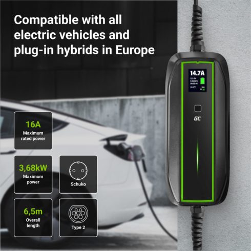 GREEN CELL GC EV TÁPKÁBEL 3.6KW SCHUKO - 2-ES TÍPUSÚ MOBIL TÖLTŐ ELEKTROMOS AUTÓK ÉS HIBRID AUTÓK TÖLTÉSÉHEZ EV16
