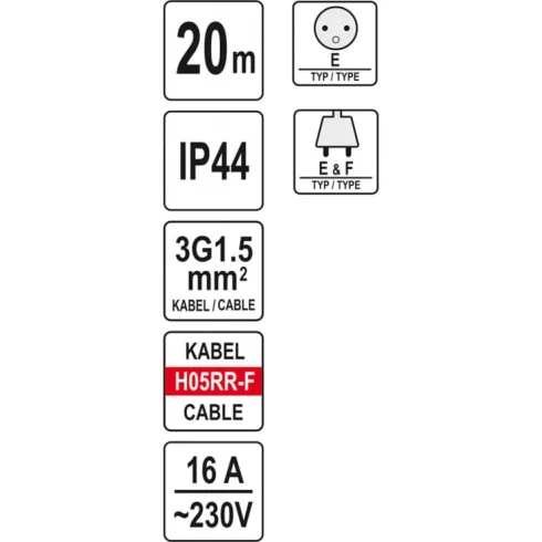YATO Hosszabító kábeldob 3x1,5 mm IP 44 20m YT-81052